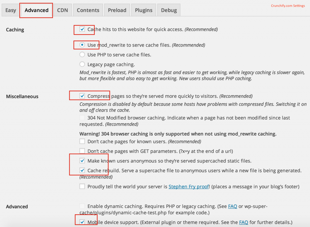 wp super cache advanced settings