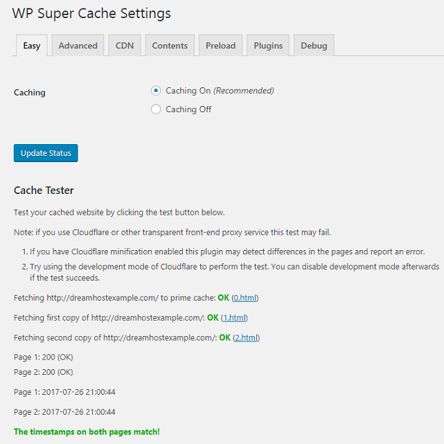 wp super cache settings wordpress